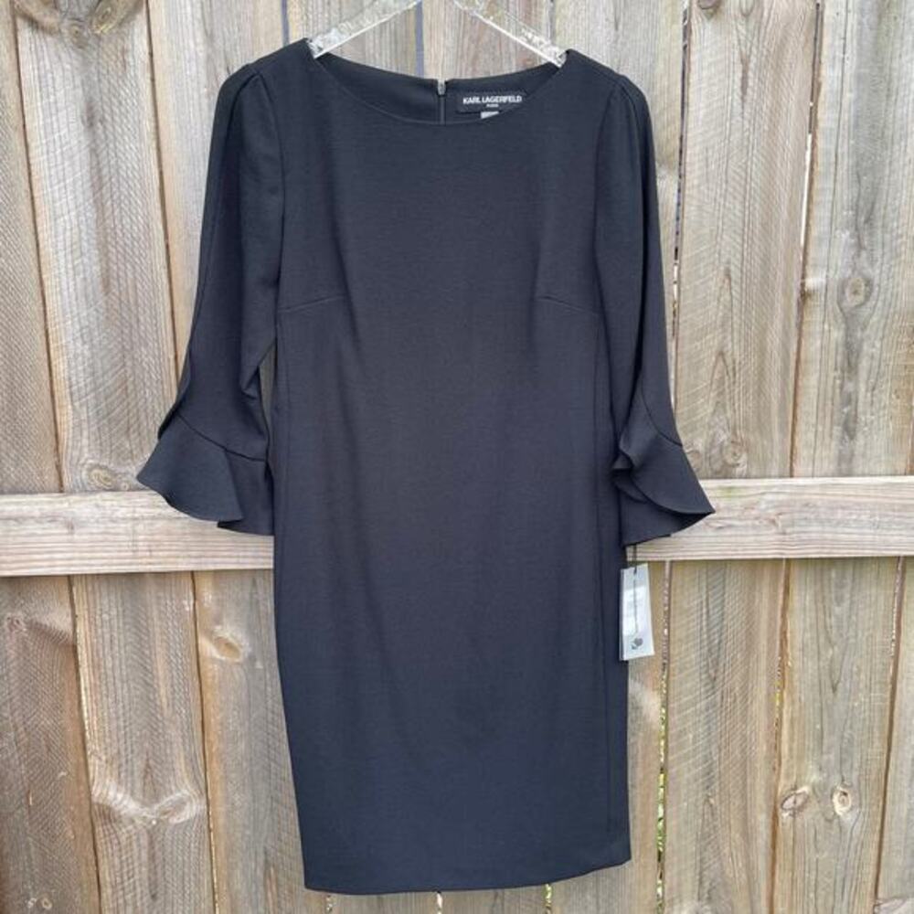 Karl Lagerfeld Dress Black Midi Tulip Sleeve Classic Versatile Size 6 NWT - Picture 1 of 11